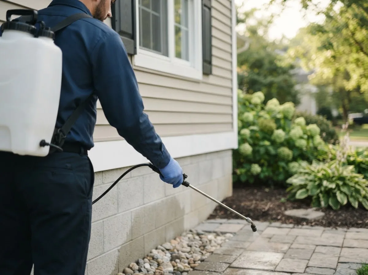 Pest control technician inspecting a home in Hansford, WV